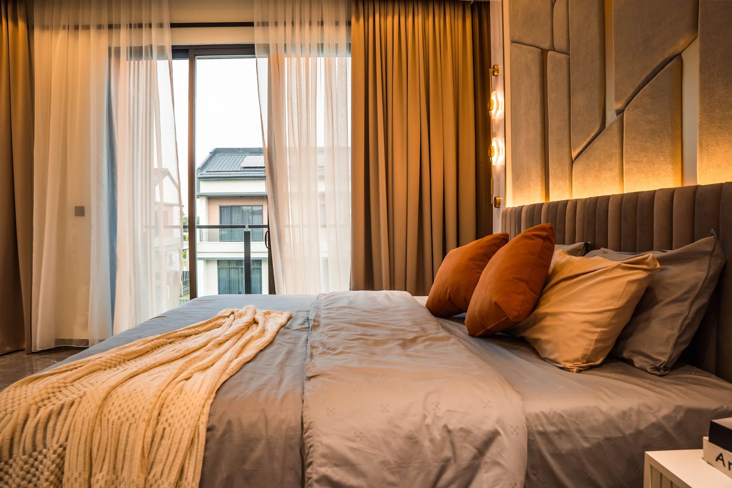 Master bedroom layout facing a balcony through sheer curtains for natural light, Setia Marina One, Cyberjaya