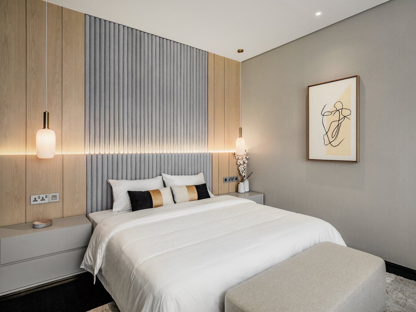 Bedroom design ideas — pendant light beside a fluted panel headboard in a Kuala Lumpur condominium, Four Seasons Place