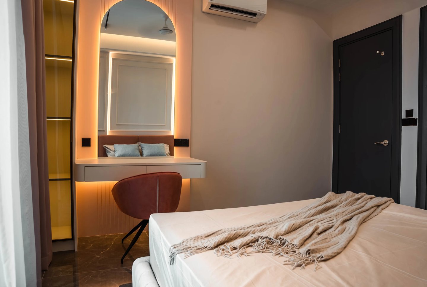 Small bedroom design with a backlit mirror and compact dressing area, Setia Marina One, Cyberjaya