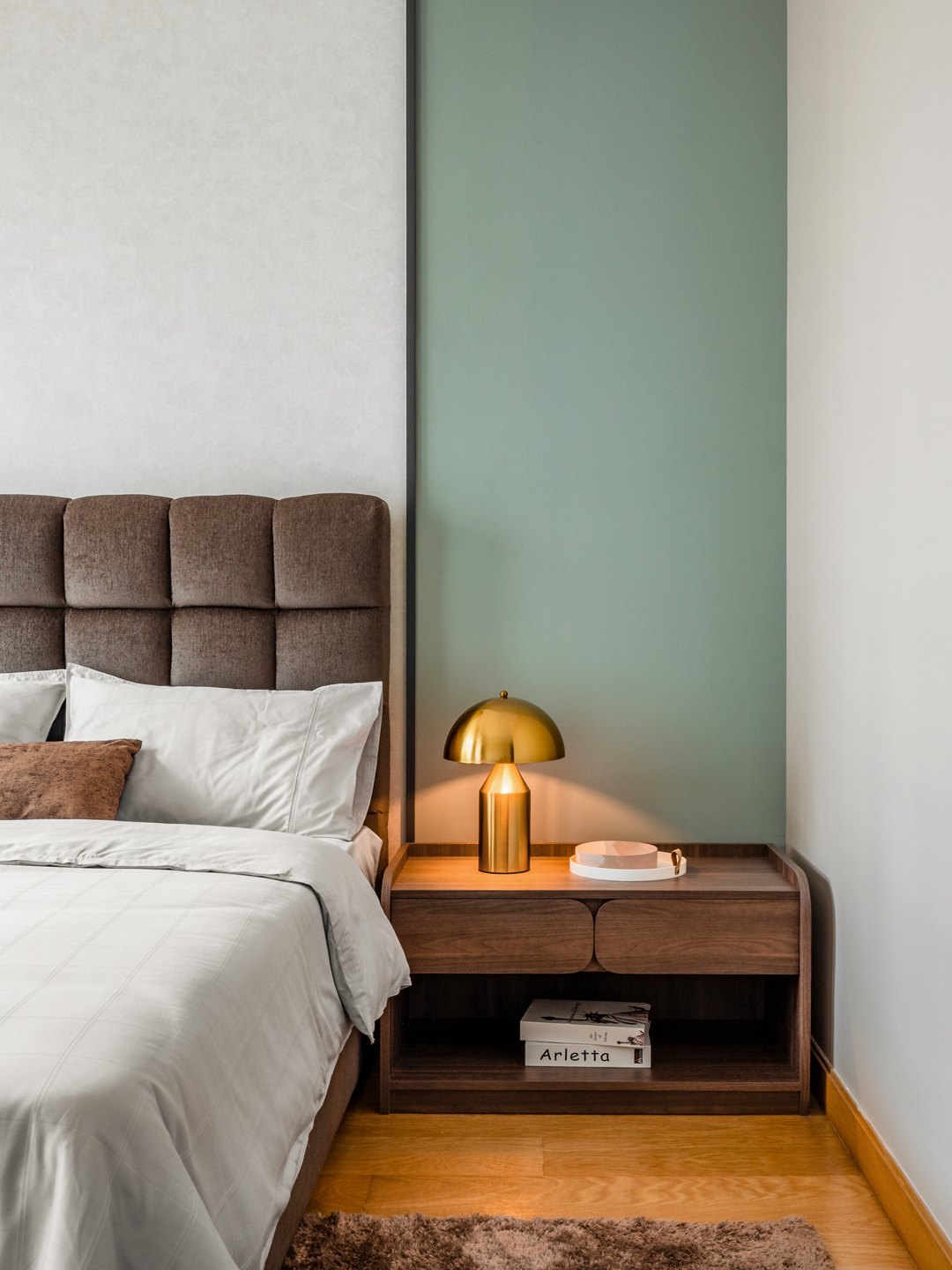 Small bedroom ideas — floating bedside table beside the bed in a Kuala Lumpur condominium bedroom