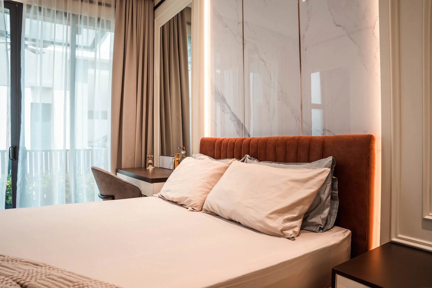 Guest bedroom design with a single marble accent wall, Setia Marina One, Cyberjaya