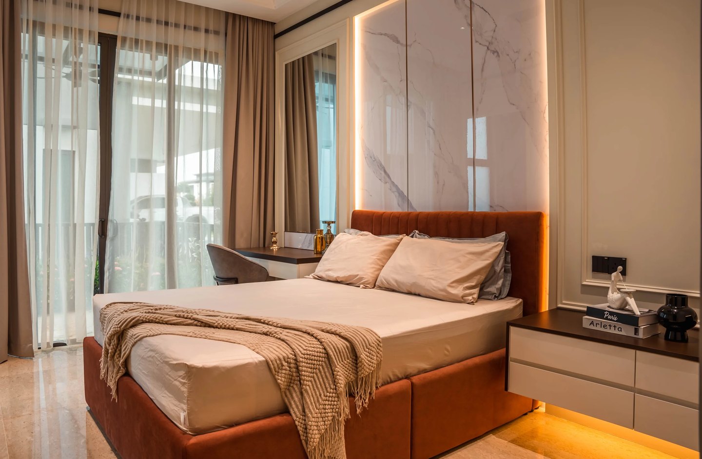 Guest bedroom ideas — rust upholstered bed frame in a white room, Setia Marina One, Cyberjaya