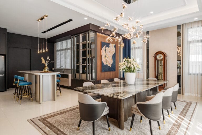 luxury interior design of dining area and bar area in bungalow glenmarie garden, kl, malaysia