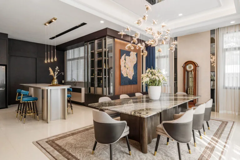 luxury interior design of dining area and bar area in bungalow glenmarie garden, kl, malaysia