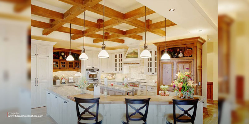 Exposed beams in kitchen