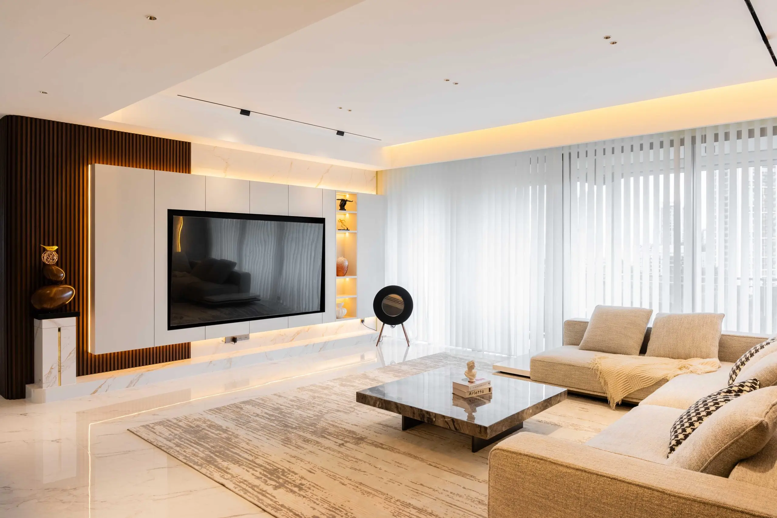 Minimalist interior design in a Malaysian home — living area with clean lines and timber slat panelling, Park Regent