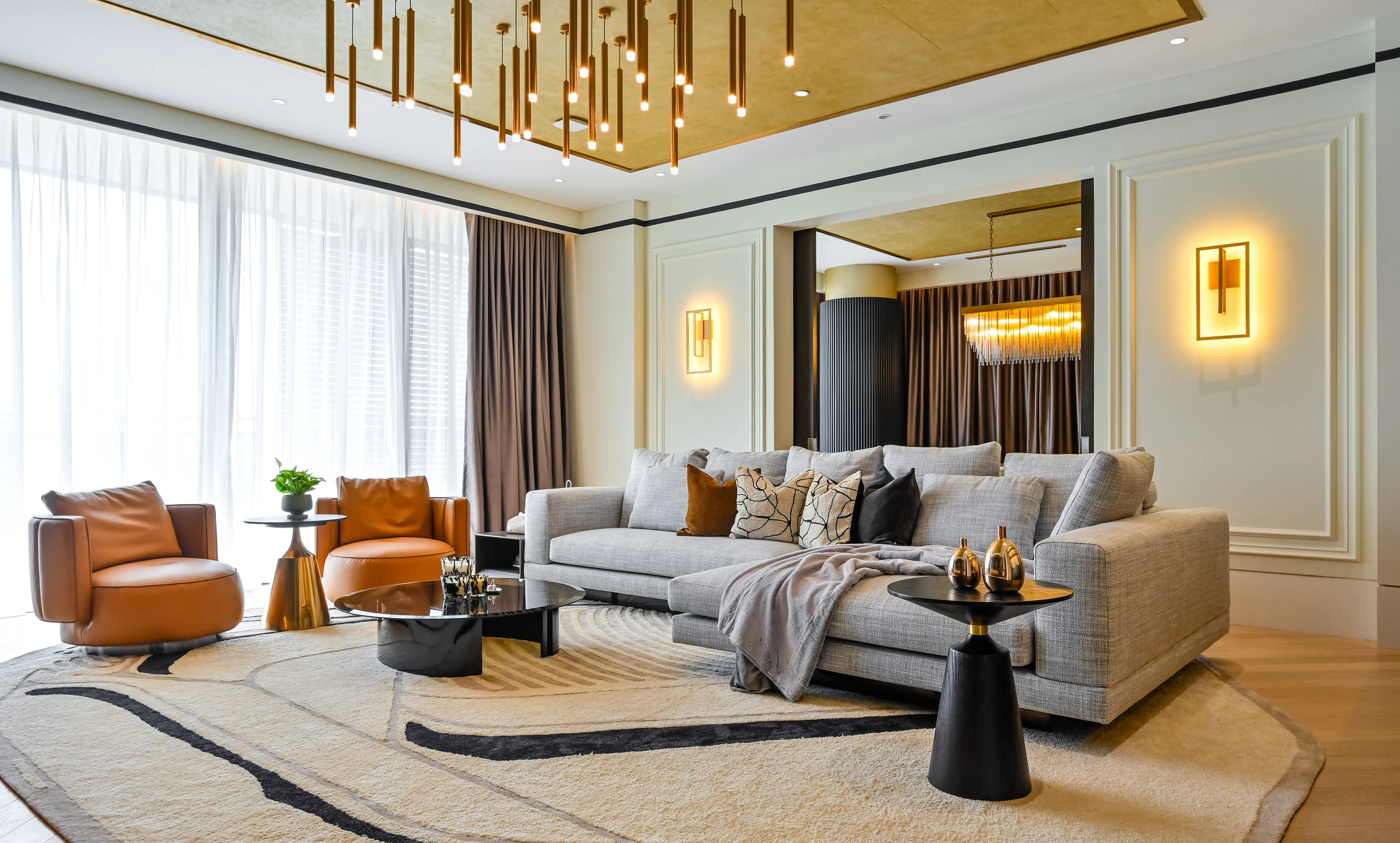 Aira Residence living room with gold-leaf ceiling and custom carpentry by Blaine Robert Design