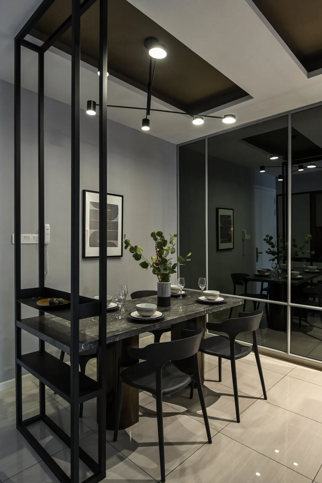 Black ceiling panel with spotlights over the dining area at Dorsett Hartamas, Kuala Lumpur