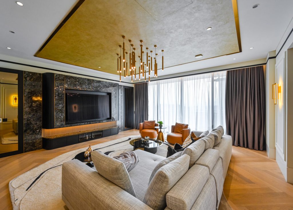 Condo interior design in Malaysia — gold-leaf ceiling living room in a Kuala Lumpur high-rise by Blaine Robert Design