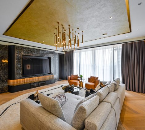 Condo interior design in Malaysia — gold-leaf ceiling living room in a Kuala Lumpur high-rise by Blaine Robert Design