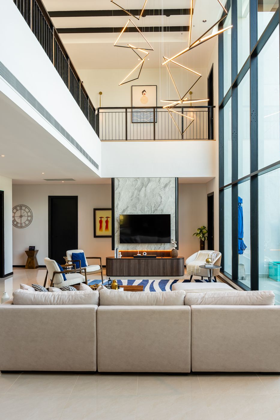 Double-height living hall of a completed bungalow interior