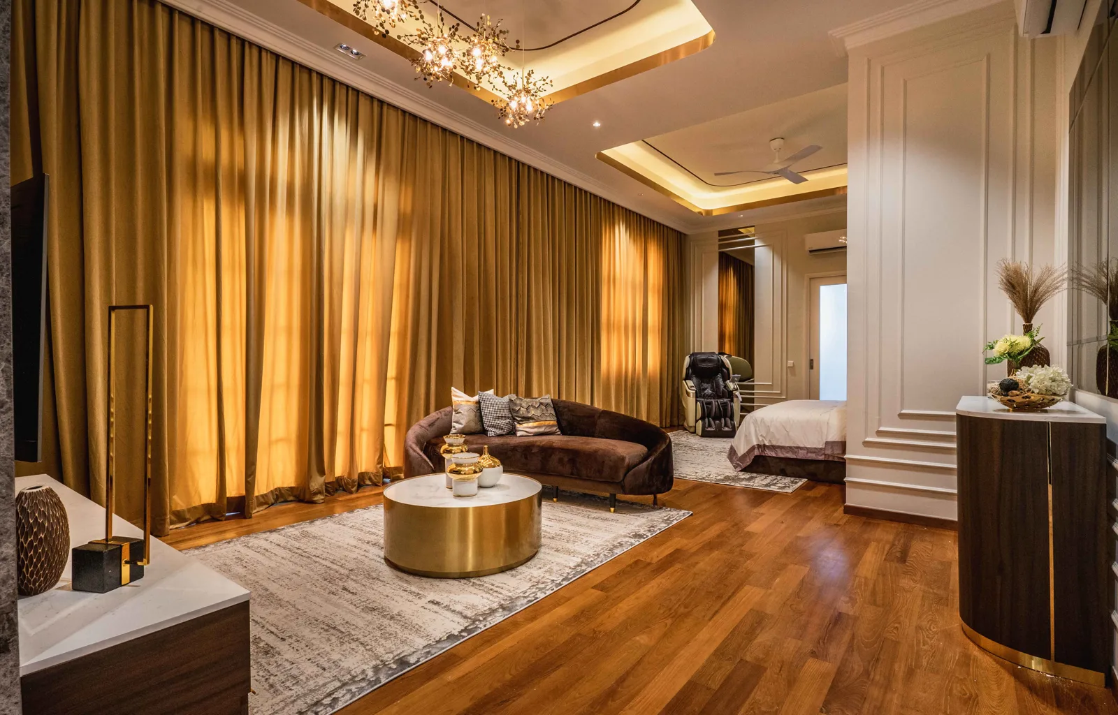 First-floor master suite with a sitting area, timber floor and full-height curtains, EcoSpring Villa, Johor Bahru