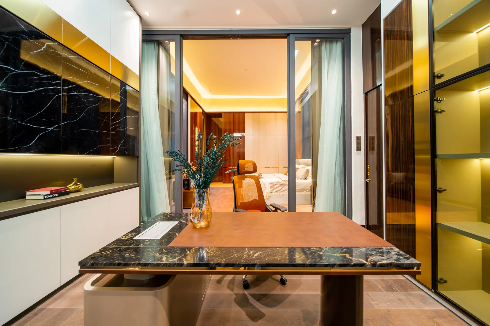 Marble-topped dressing island inside a walk in wardrobe, Bangsar bungalow