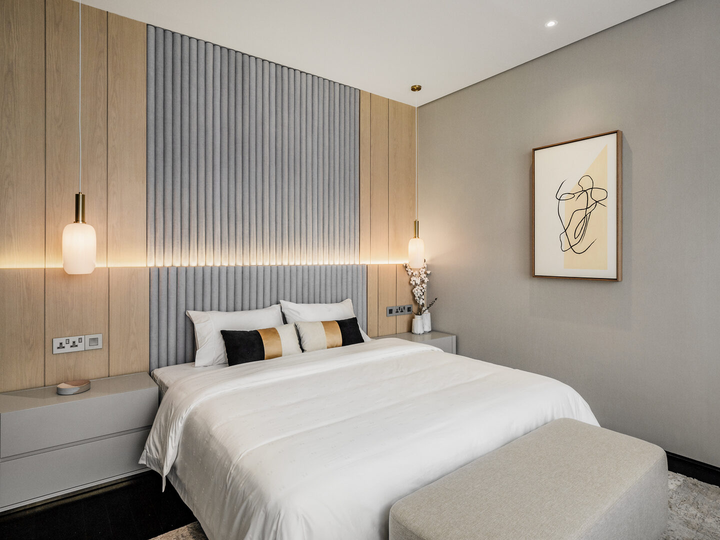 Bedroom at Four Seasons Place Kuala Lumpur with upholstered headboard, by Blaine Robert Design
