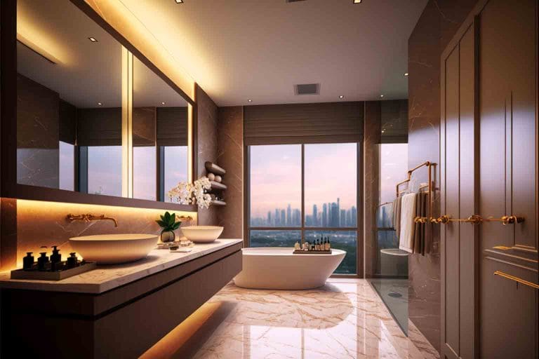 luxury interior design of large master bedroom bathroom with jacuzzi and bath tub in marina bay apartment, interior design by blaine robert design