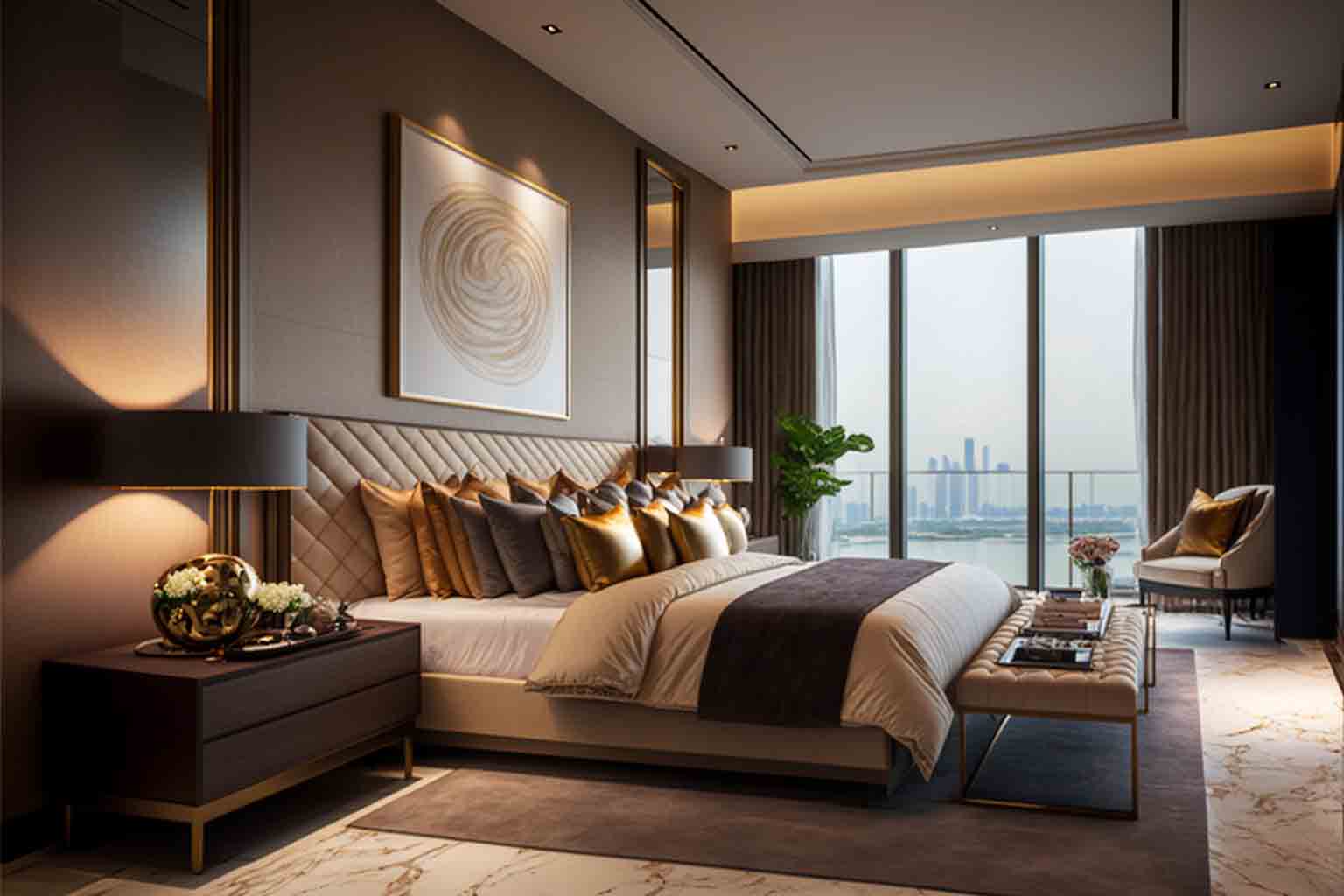 master bedroom with luxury interior design, large king size bed, in luxury condo in marina bay singapore, interior design by blaine robert design
