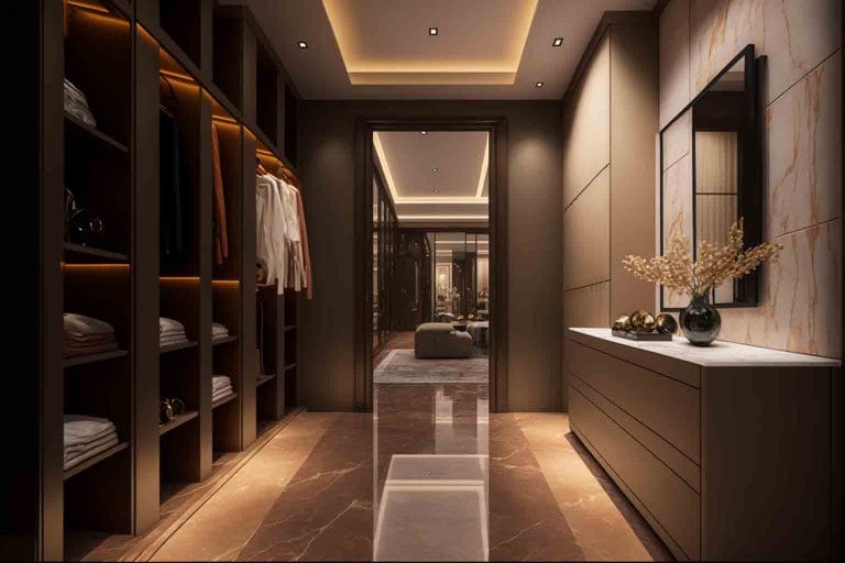 walk in wardrobe with luxury interior design, in luxury residence in marina bay condo, interior design by blaine robert design