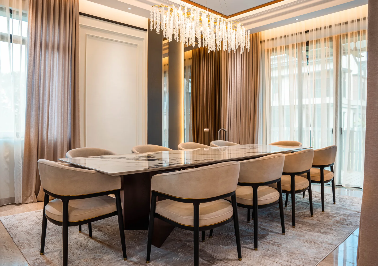 Contemporary dining room with a marble table and sheer curtains, Setia Marina One, Cyberjaya