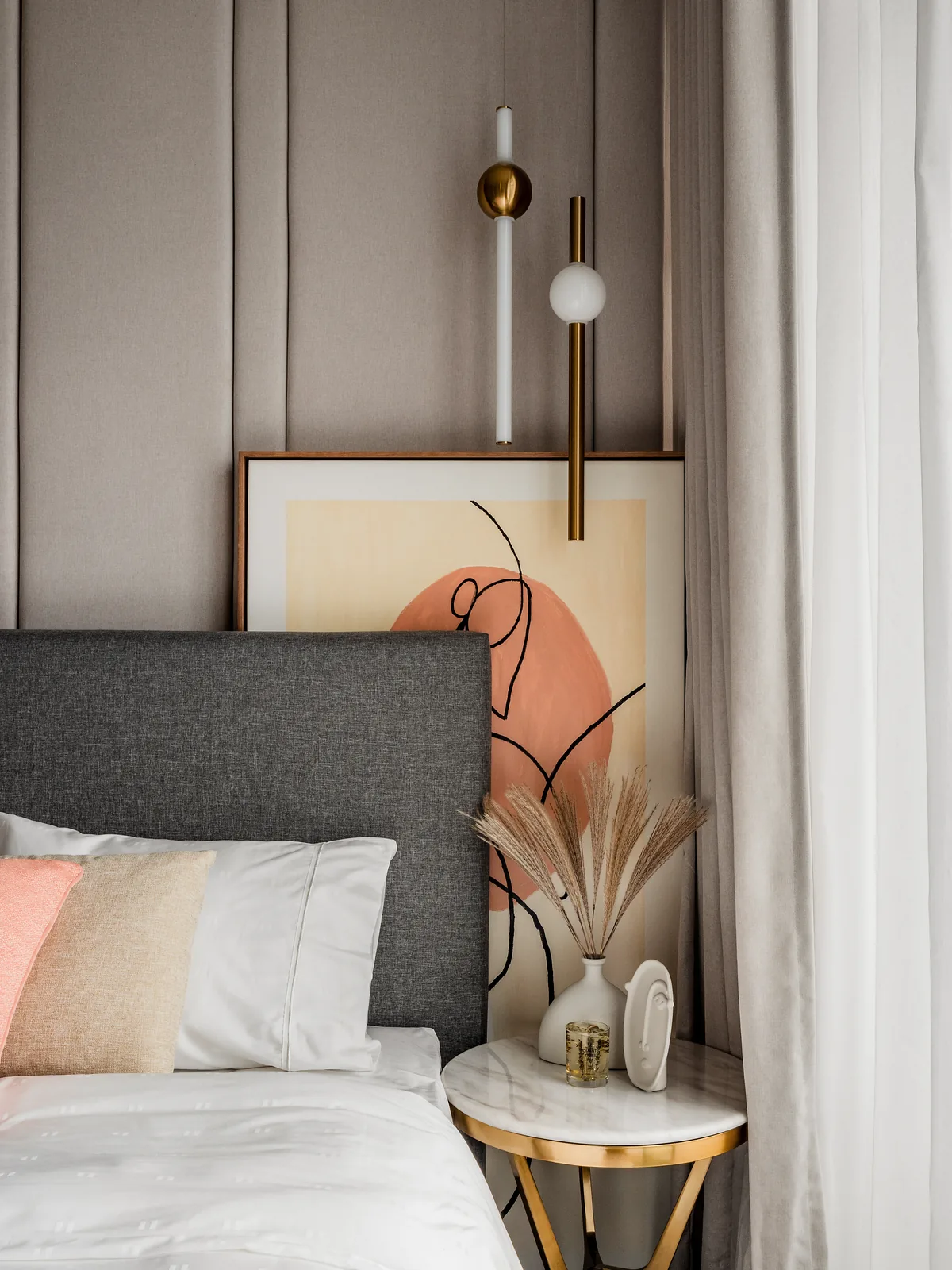 Bedroom with a grey headboard wall, artwork and a pendant light, Four Seasons Place, KLCC