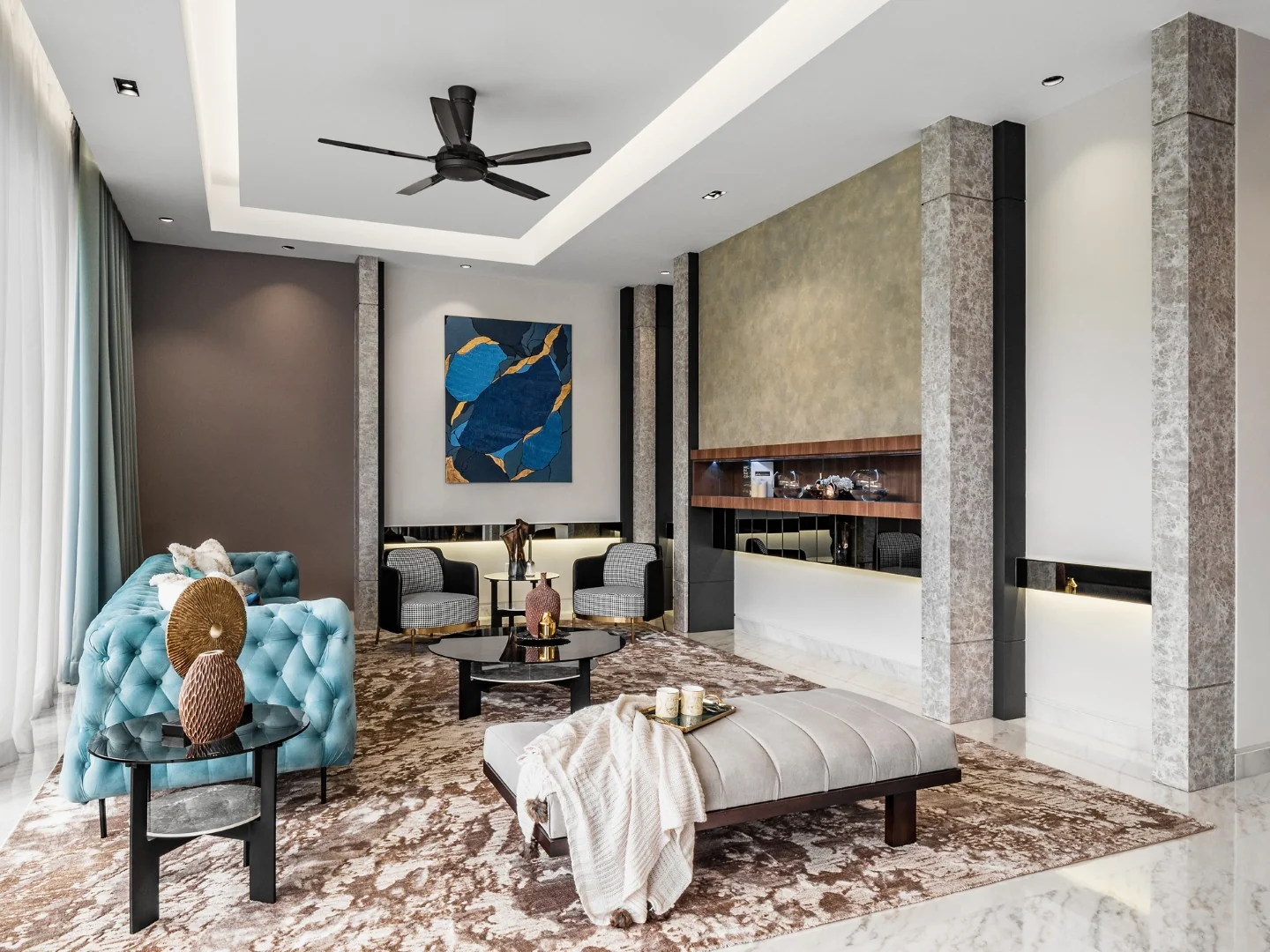 Modern living room with textured stone TV wall, teal armchair, marble side table and abstract art, Kelana Jaya bungalow