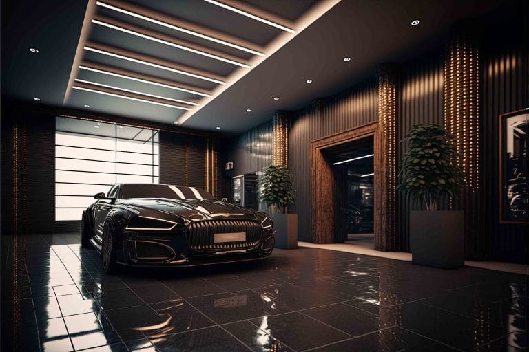 a sports car parked in a well designed garage, interior design by Blaine Robert Design