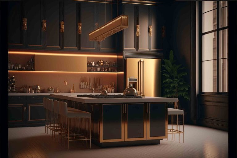 A kitchen with a large island in the middle of it, interior design by Blaine Robert Design