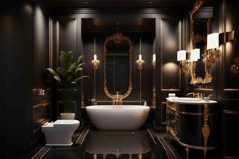 a bathroom with a tub, sink and mirror, Interior design by Blaine Robert Design