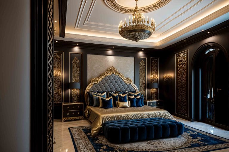 A luxury bedroom with a big silk super king sidez bed and chandelier, interior design by Blaine Robert Design