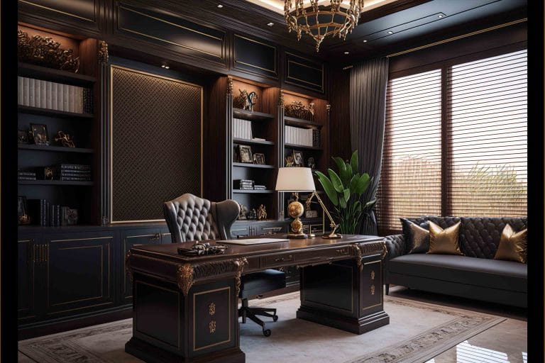 Office room in palm jumeirah villa, wooden office furniture, interior designed by Blaine Robert Design
