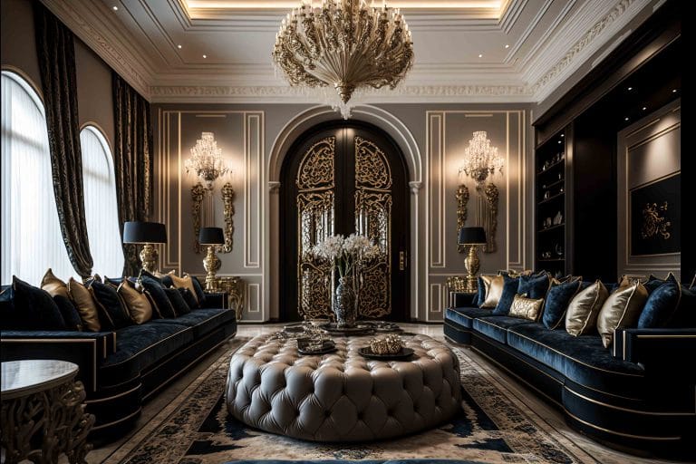 Palm Jumeirah Villa waiting area interior design with sofas, interior design by Blaine Robert Design