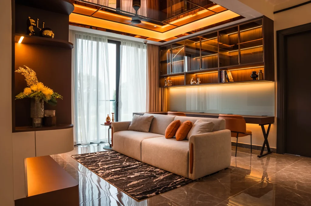 Interior design in Cyberjaya — study lounge with backlit shelving at Setia Marina One by Blaine Robert Design