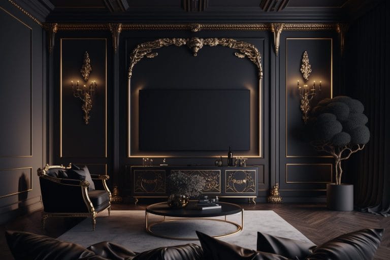 a luxury living room with black walls and gold accents, Interior design by Blaine Robert Design