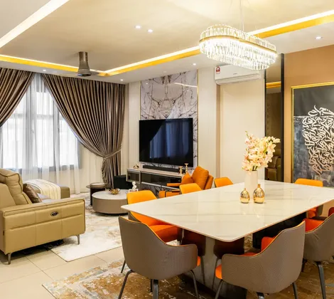 Terrace house design in Malaysia: the open-plan living and dining space of our completed terrace at Serimba Residence, Kajang, by Blaine Robert Design