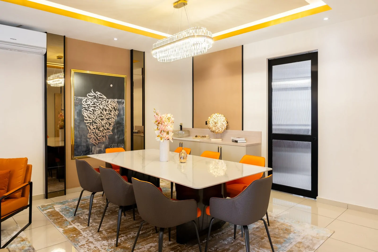 Terrace house dining area with a coffered ceiling, concealed lighting and a chandelier, Serimba Residence, Kajang