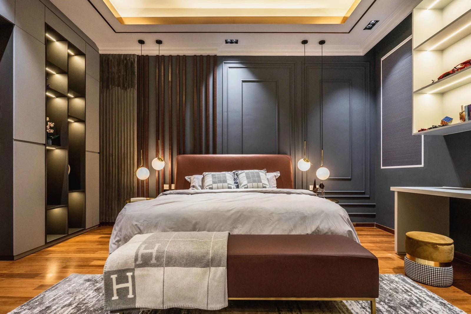 Dark grey painted wainscoting panels in a bedroom at EcoSpring